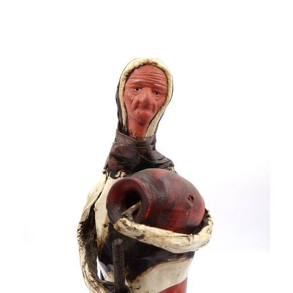 Viejita Papel Mache Old Woman w Wine Jug & Walking Stick Papier Mache 12x3½x3½ - Picture 3 of 6